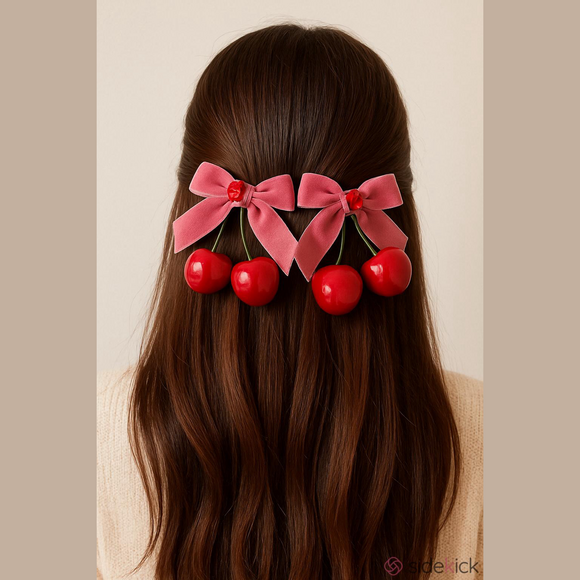 It Girl Pink Cherry Hair Clips with Velvet Ribbon Bow Set of 2 Barrettes New - Picture 5 of 9